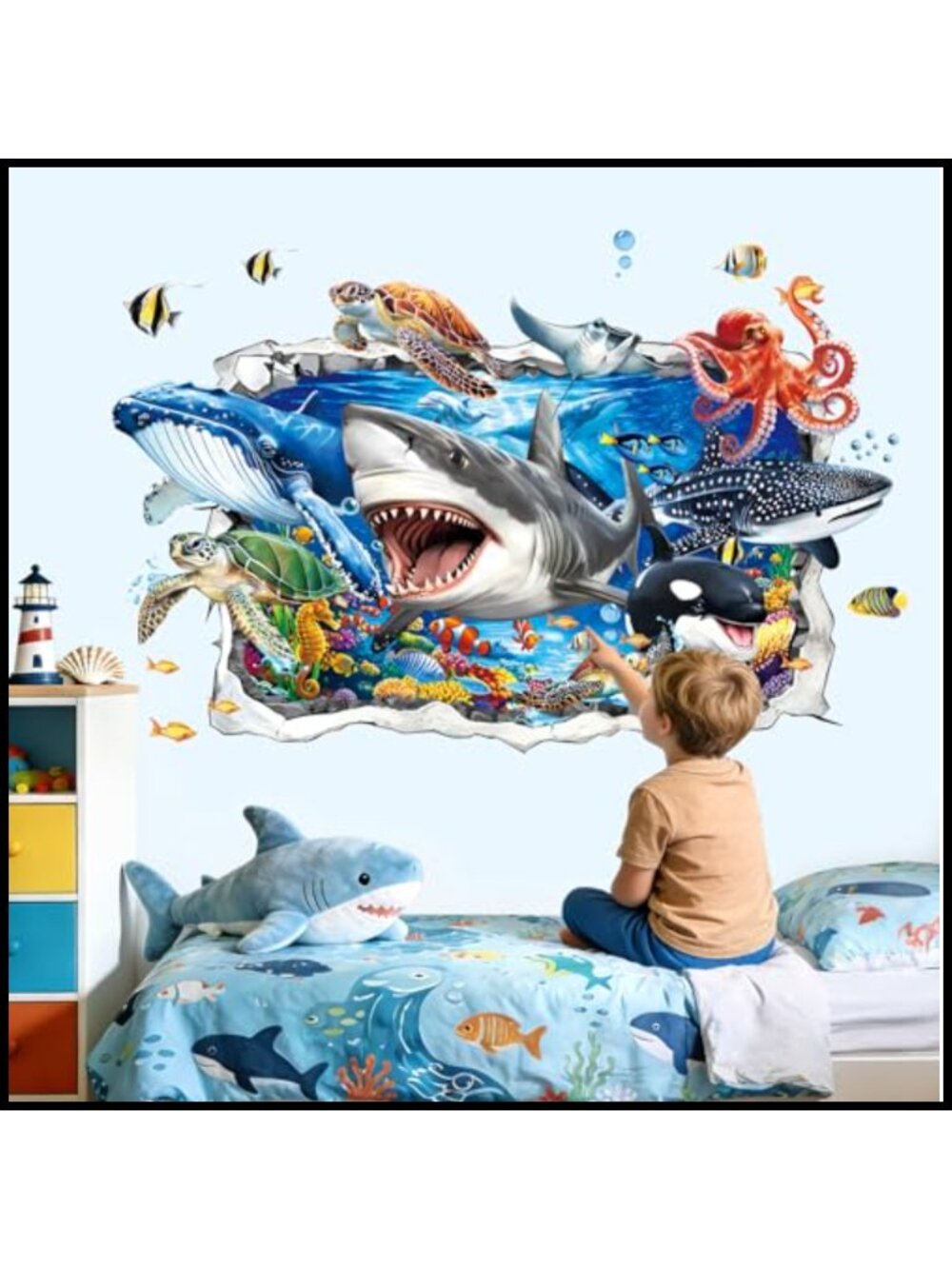 3D Ocean Animals Wall Decals Shark Turtle Whale Peel and Stick